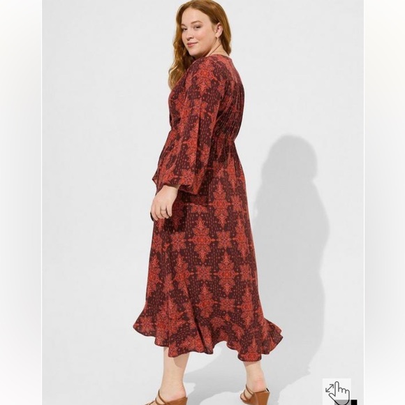 TORRID MIDI WASHABLE GAUZE RUFFLE SURPLICE NECK EMPIRE WAISTE DRESS WITH POCKETS - Picture 3 of 9